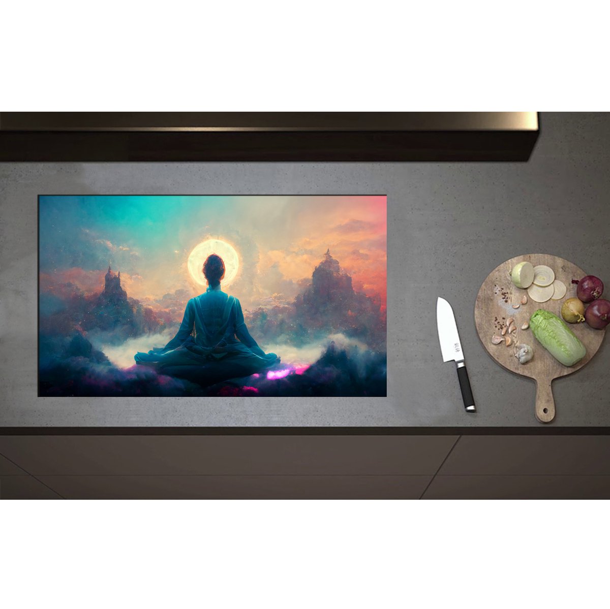 Inductieplaat Beschermer - Achteraanzicht van Biddende Vrouw naar Horizon - 85x50 cm - 2 mm Dik - Inductie Beschermer - Bescherming Inductiekookplaat - Kookplaat Beschermer van Zwart Vinyl