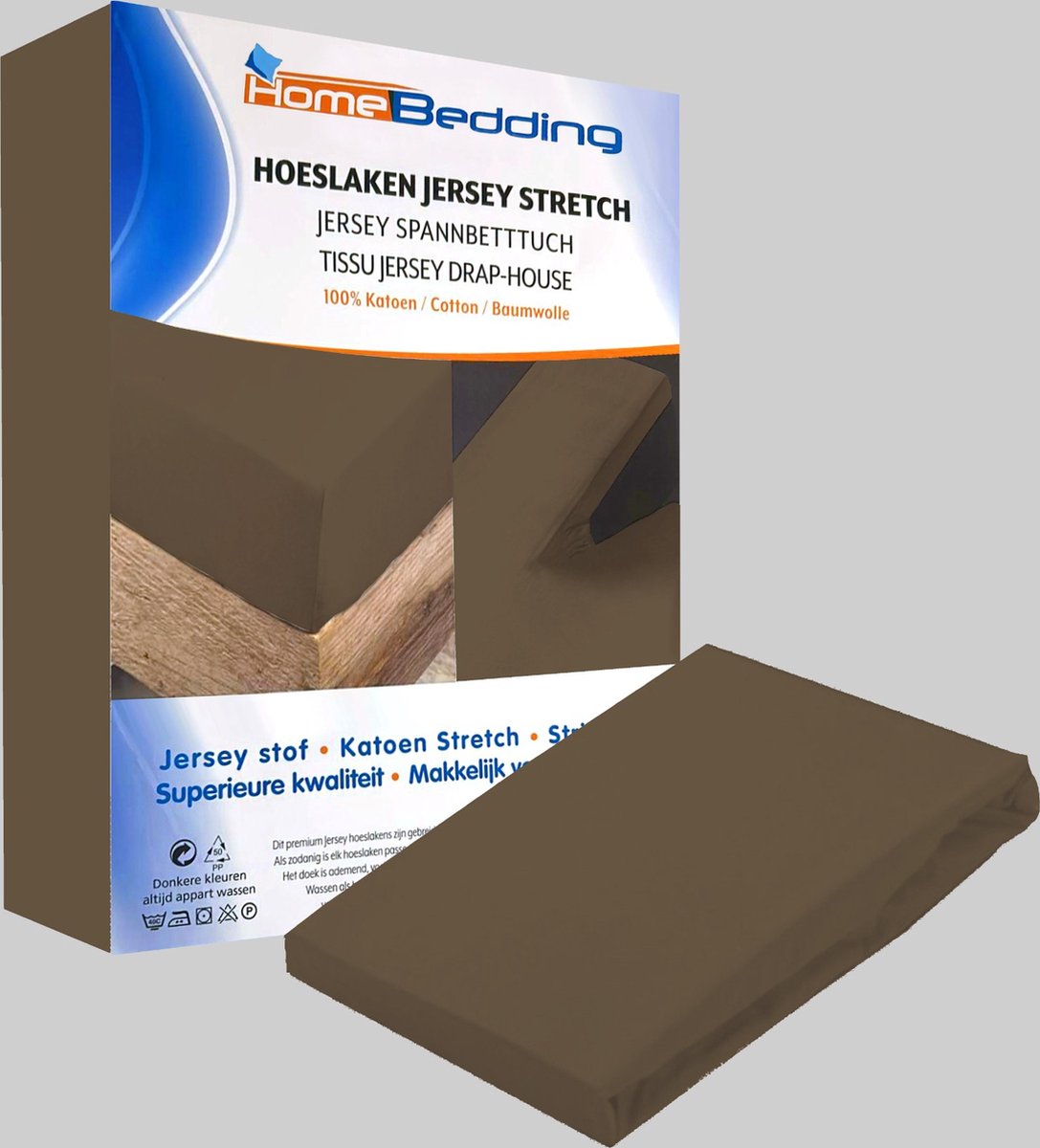 Premium hoeslaken-jersey-100% katoen -stretch-1Persoons-90x200+30cm Hoekhoogte- Donkerbruin