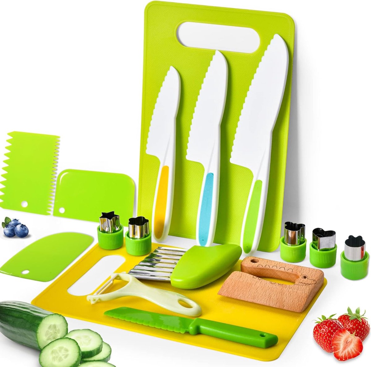 Goedkoopste Kinderkeukenmessenset, kindermessenset bevat gekartelde randen, kunststof mes voor kleine kinderen, crinkle cutter, sandwich cutter, Y-peeler, snijplank, dierentandstokers (groen