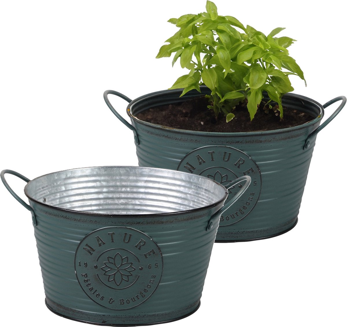 Goedkoopste Sunnydays Teil/plantenpot/bloempot - 2x - zink - rond - petrolblauw - D22 x H12 cm