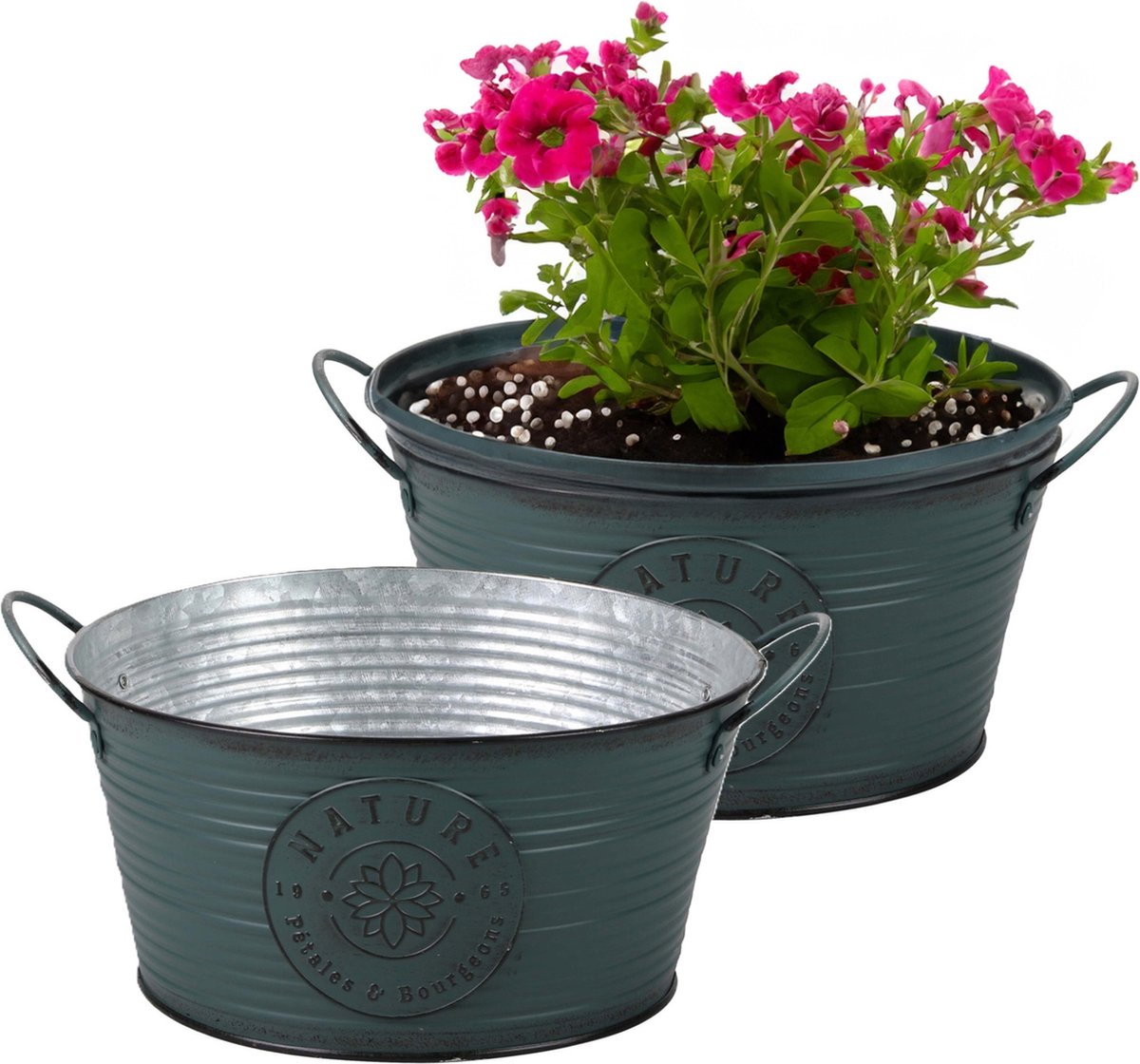 Goedkoopste Sunnydays Teil/plantenpot/bloempot - 2x - zink - rond - petrolblauw - D25 x H12 cm