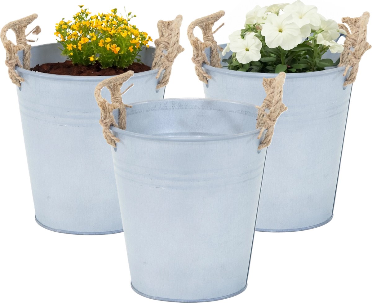 Goedkoopste Mega Collections Emmer/plantenpot/bloempot Old Rope - 3x - zink - zilver - D18 X H18 cm