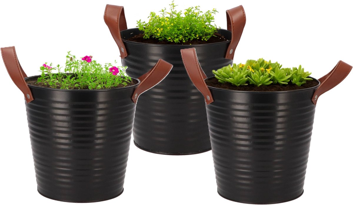 DK Design plantenpot/bloempot emmer Leather- 3x - zink - zwart - D20 x H19 cm -
