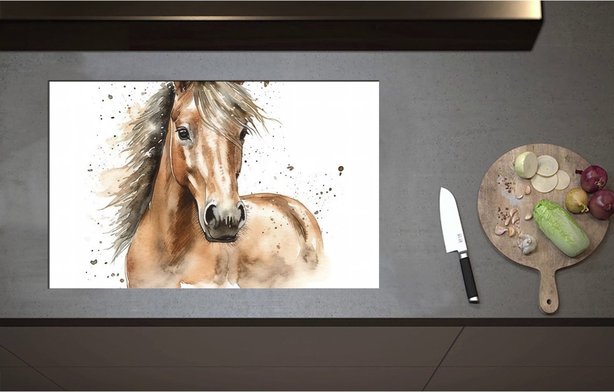 Inductieplaat Beschermer - Acryl Tekening van Kop en Hals van Bruin Paard - 80x51 cm - 2 mm Dik - Inductie Beschermer - Bescherming Inductiekookplaat - Kookplaat Beschermer van Wit Vinyl
