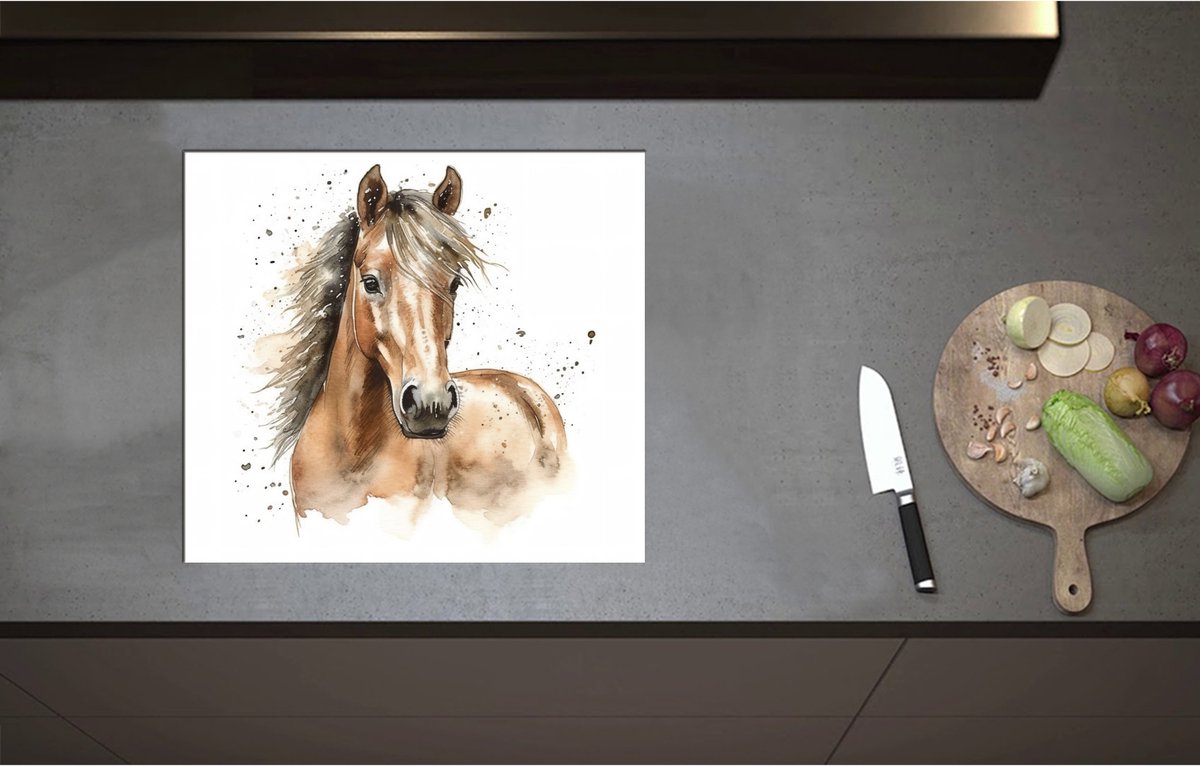 Inductieplaat Beschermer - Acryl Tekening van Kop en Hals van Bruin Paard - 58x52 cm - 2 mm Dik - Inductie Beschermer - Bescherming Inductiekookplaat - Kookplaat Beschermer van Wit Vinyl