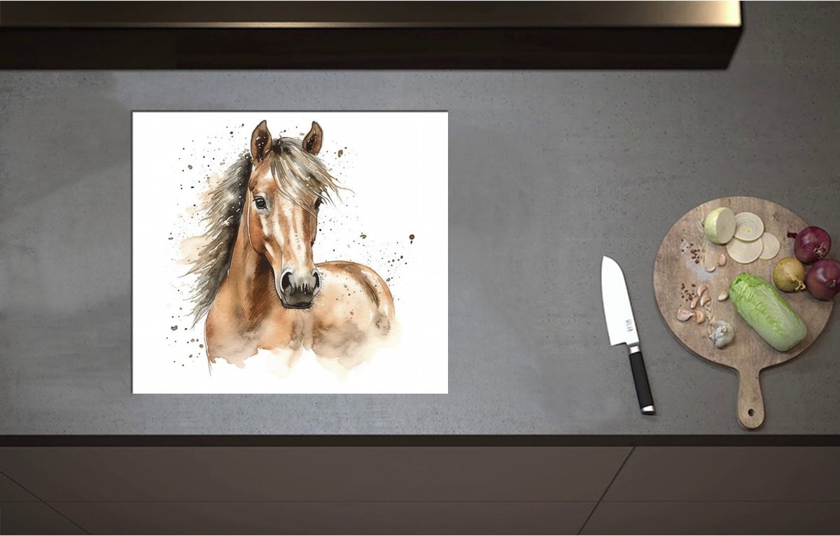Inductieplaat Beschermer - Acryl Tekening van Kop en Hals van Bruin Paard - 57x51 cm - 2 mm Dik - Inductie Beschermer - Bescherming Inductiekookplaat - Kookplaat Beschermer van Wit Vinyl