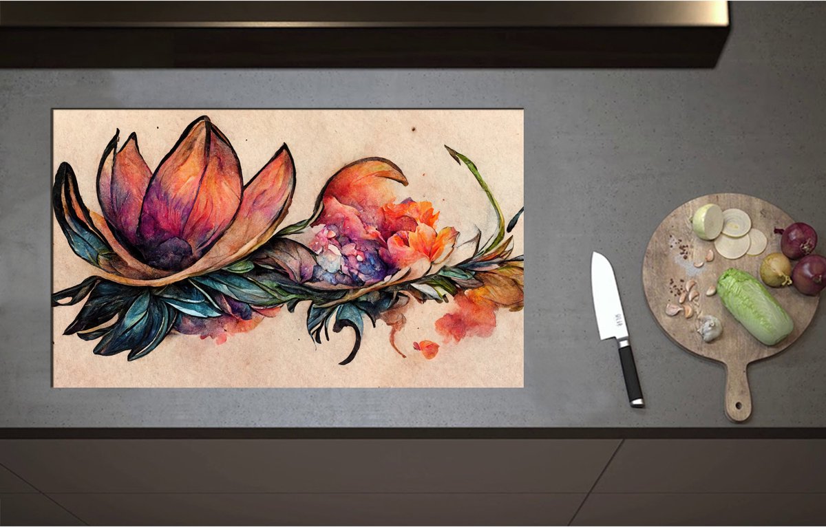 Inductieplaat Beschermer - Aquarel Tekening van Lelie Bloemen - 85x51 cm - 2 mm Dik - Inductie Beschermer - Bescherming Inductiekookplaat - Kookplaat Beschermer van Wit Vinyl