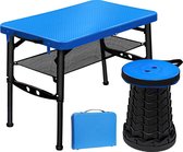 Draagbare opvouwbare tafel - met opvouwbare kruk - in hoogte verstelbare kleine tafel en telescopische kruk - campingtafel, inklapbare tuintafel - voor reizen, picknicken, vissen, wandelen, binnen - blauw