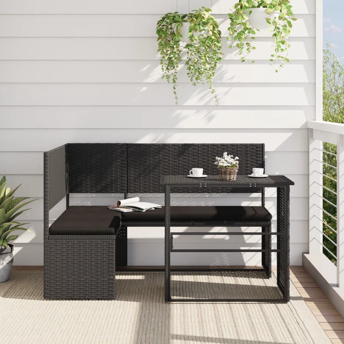 vidaXL - Tuinbank - met - tafel - en - kussens - L-vormig - poly - rattan - zwart thumbnail 5