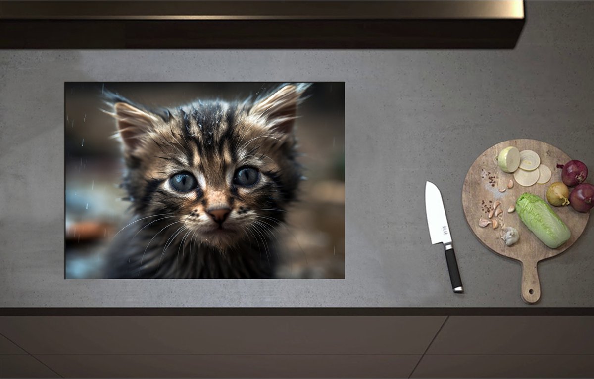 Inductieplaat Beschermer - Aandoenlijke Aankijkend Zwerfkatje - 71x50 cm - 2 mm Dik - Inductie Beschermer - Bescherming Inductiekookplaat - Kookplaat Beschermer van Zwart Vinyl