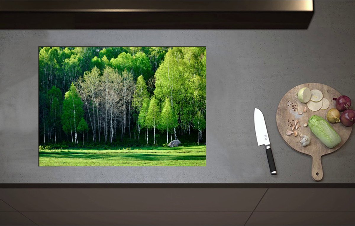 Inductieplaat Beschermer - Aan de Rand van Bos Vol Felgroene Bomen - 71x51 cm - 2 mm Dik - Inductie Beschermer - Bescherming Inductiekookplaat - Kookplaat Beschermer van Wit Vinyl