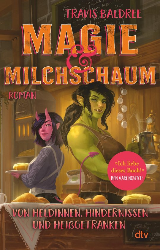 Boekomslag met een groene ork en een roze hoornige vrouw, die gebakjes vasthouden. Titel: MAGIE & MILCHSCHAUM.
