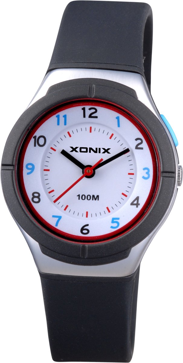 Xonix ABP-007 - Horloge - Analoog - Kinderen - Unisex - Siliconen band - ABS - Cijfers - Waterdicht - Zwart - Zilverkleurig - Rood - 10 ATM