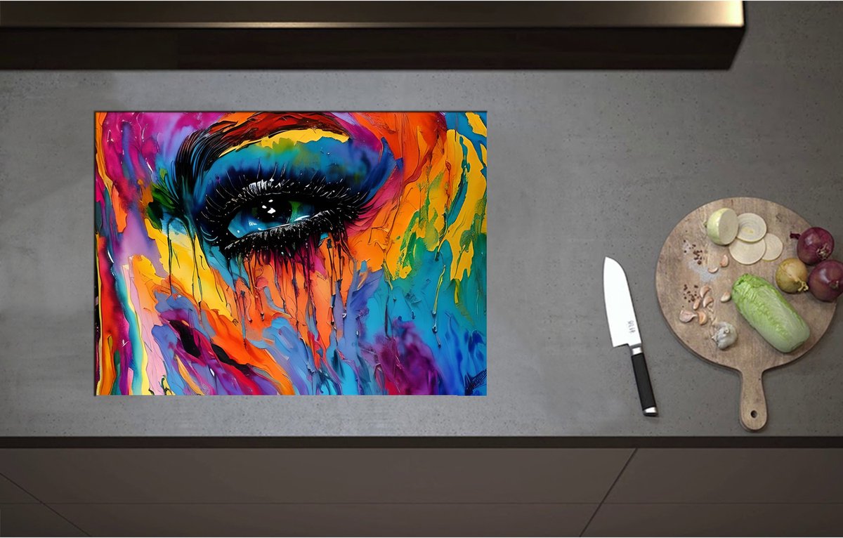 Inductieplaat Beschermer - Acrylverf Schilderij van Deel van Regenboogkleurig Gezicht - 70x51 cm - 2 mm Dik - Inductie Beschermer - Bescherming Inductiekookplaat - Kookplaat Beschermer van Zwart Vinyl