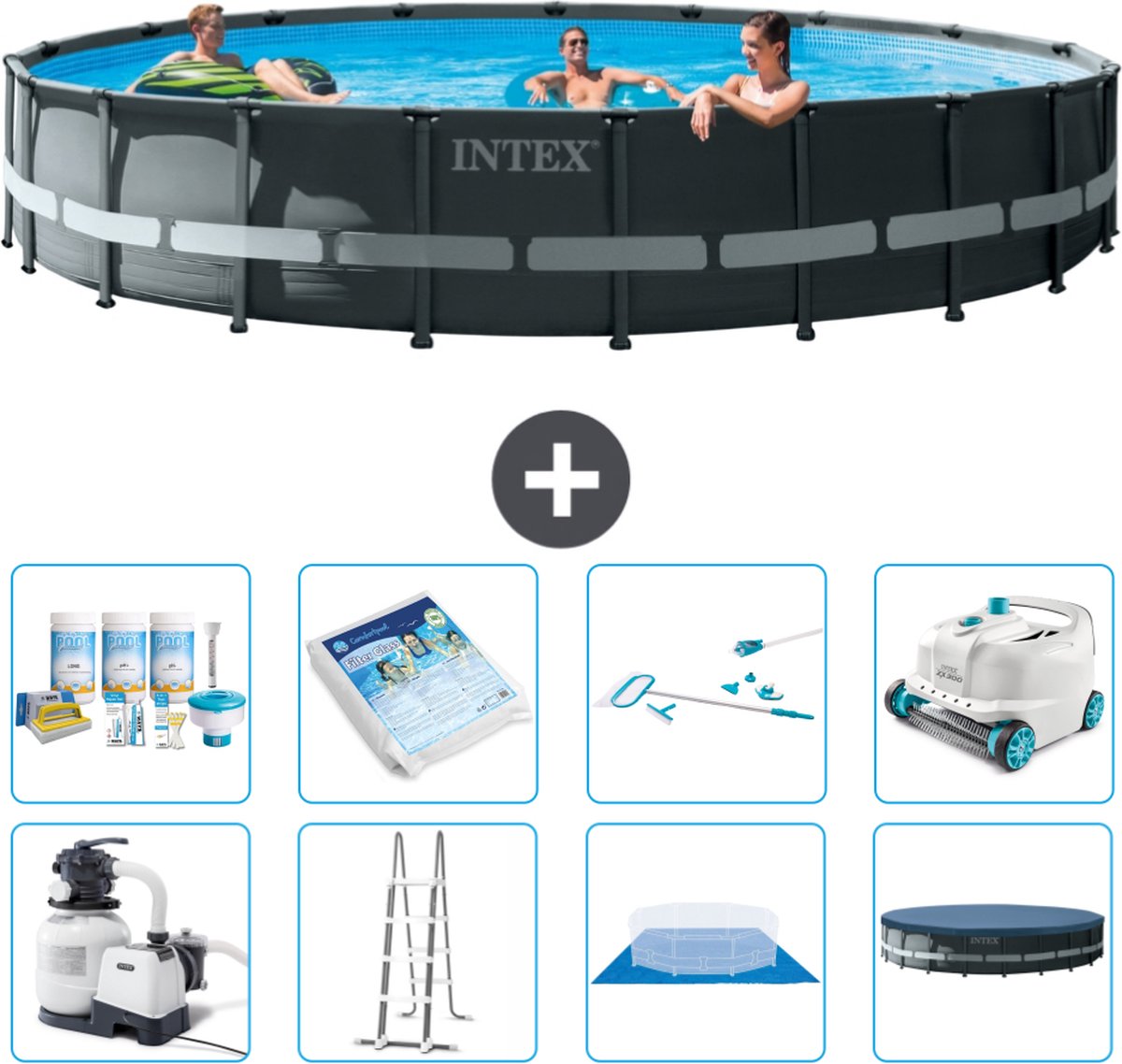 Intex Rond Ultra XTR Frame Zwembad - 610 x 122 cm - Inclusief Pomp - Ladder - Grondzeil - Afdekzeil Onderhoudspakket - Glasparels - Schoonmaakset - Stofzuiger