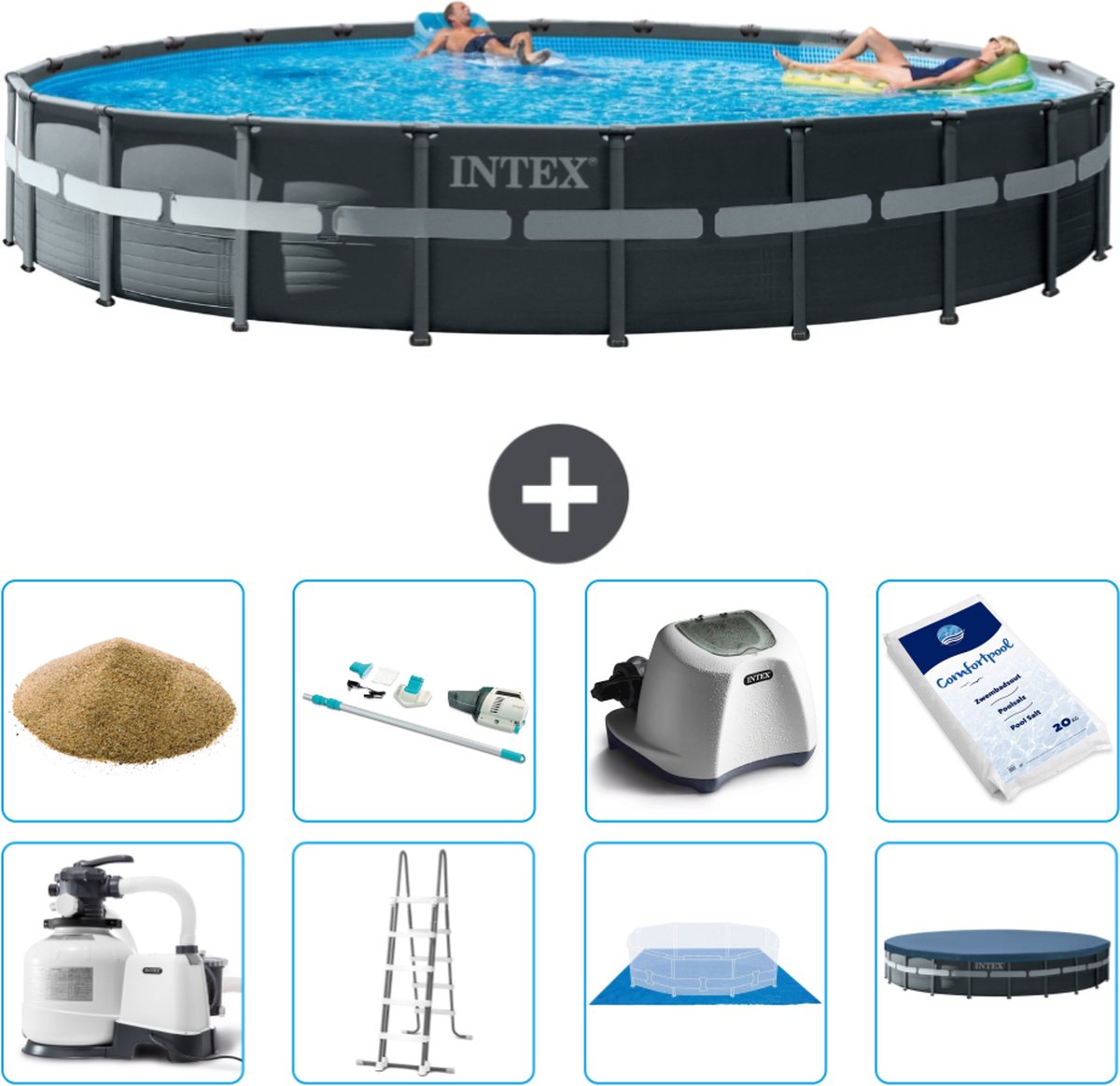 Intex Rond Ultra XTR Frame Zwembad - 732 x 132 cm - Inclusief Pomp - Ladder - Grondzeil - Afdekzeil Filterzand - Stofzuiger - Zoutwatersysteem - Zwembadzout