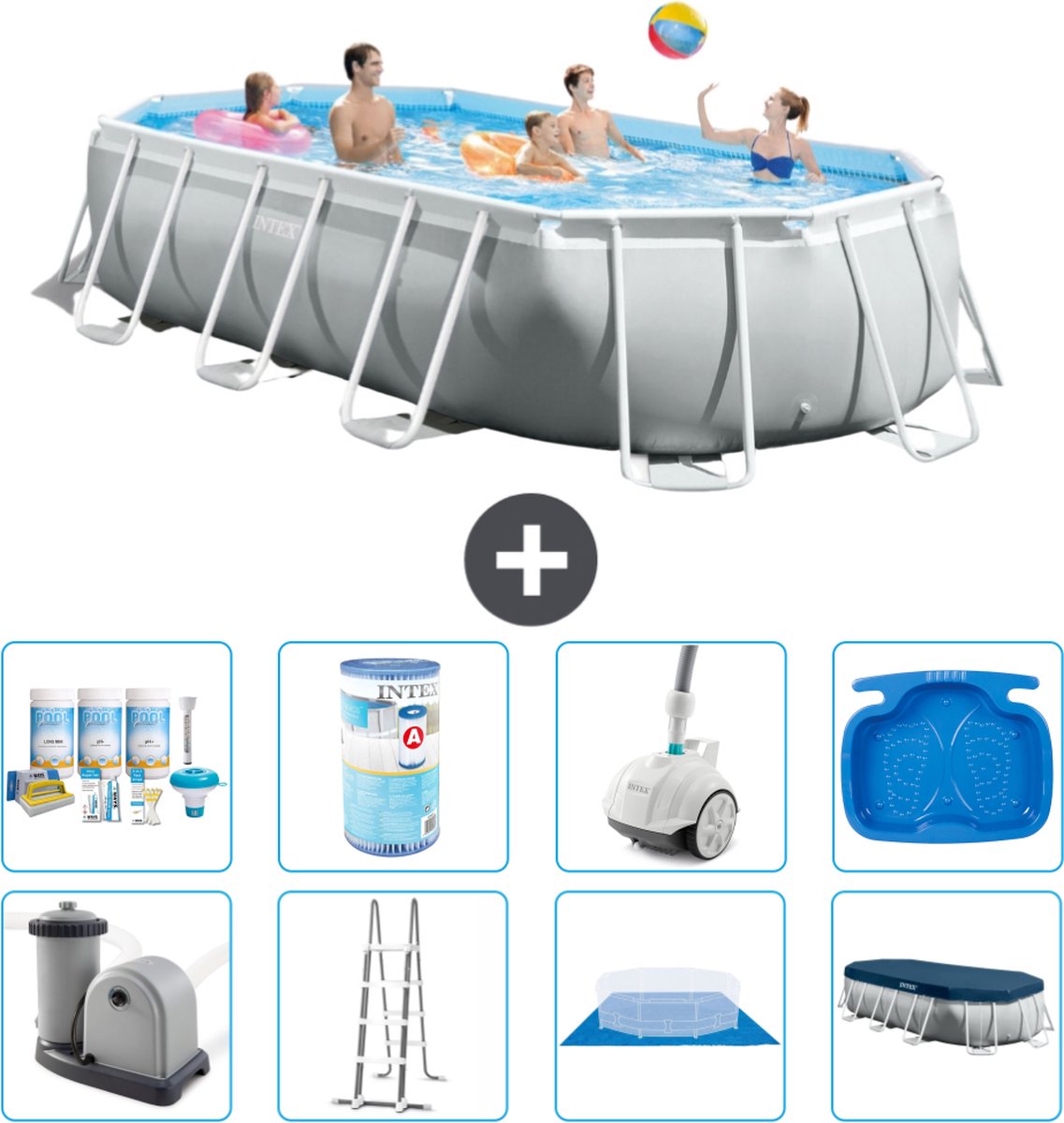 Intex Ovaal Prism Frame Zwembad - 503 x 274 x 122 cm - Grijs - Inclusief Pomp - Ladder - Grondzeil - Afdekzeil Onderhoudspakket - Filter - Stofzuiger - Voetenbad
