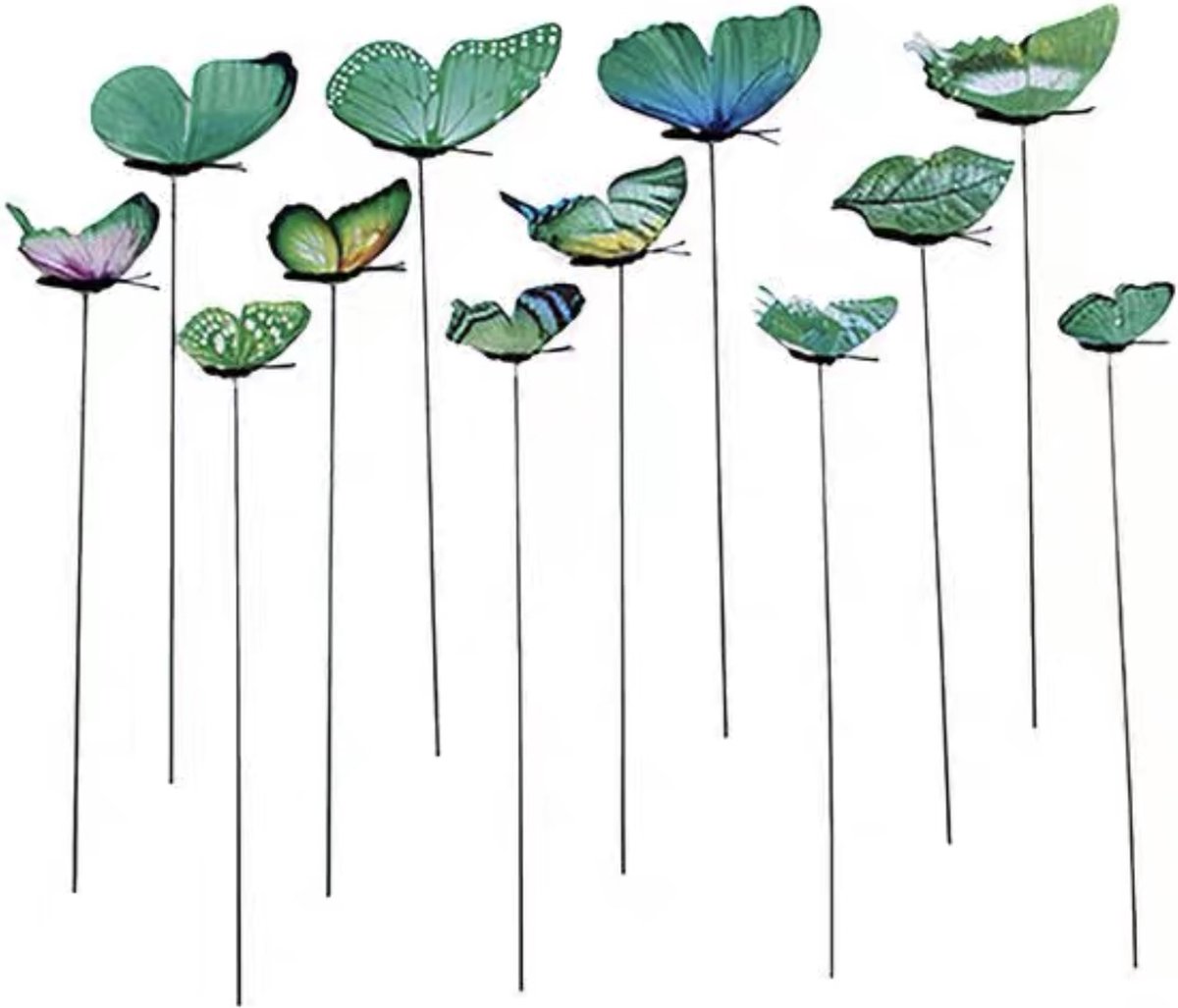 12 vrolijke vlinders op stokken / tuindecoratie / zowel binnen als buiten / groene