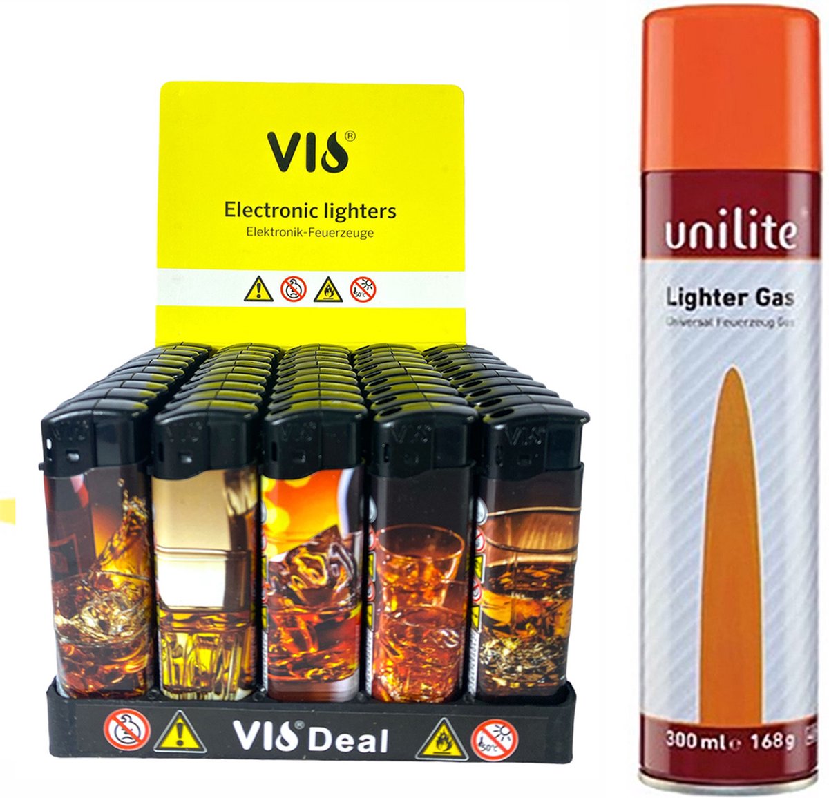 Goedkoopste Unilite Aanstekers 50 stuks in tray - Whiskey print - navulbaar klik aansteker - electronic lighters gas fles