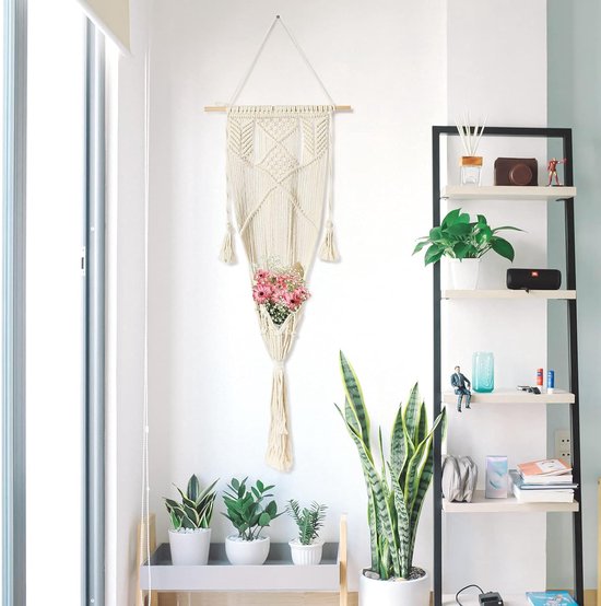 Relaxdays 2 x macramé wandbehang, handgemaakt, boho-stijl, natuurlijke wanddecoratie, H x B: 70 x 25,5 cm, katoen en hout, crème