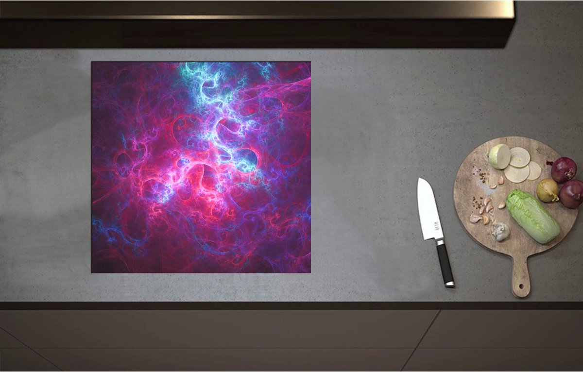 Inductieplaat Beschermer - Abstracte Vormen en Figuren in Paars met Blauwe Kleuren - 57x55 cm - 2 mm Dik - Inductie Beschermer - Bescherming Inductiekookplaat - Kookplaat Beschermer van Wit Vinyl