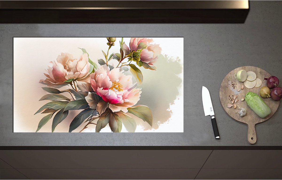Inductieplaat Beschermer - Aquarel Tekening van Roze Bloemenboeket - 90x51 cm - 2 mm Dik - Inductie Beschermer - Bescherming Inductiekookplaat - Kookplaat Beschermer van Wit Vinyl
