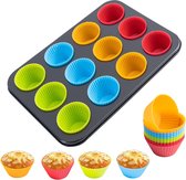Muffinformatie, cupcakevormen, muffinplaat, muffin bakplaat met siliconen muffinvormpjes, set van 12 herbruikbare anti-aanbaklaag, BPA-vrij
