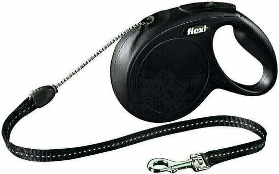Zwarte Flexi New Classic rolriem met een zwart-wit koord en een metalen karabijnhaak.