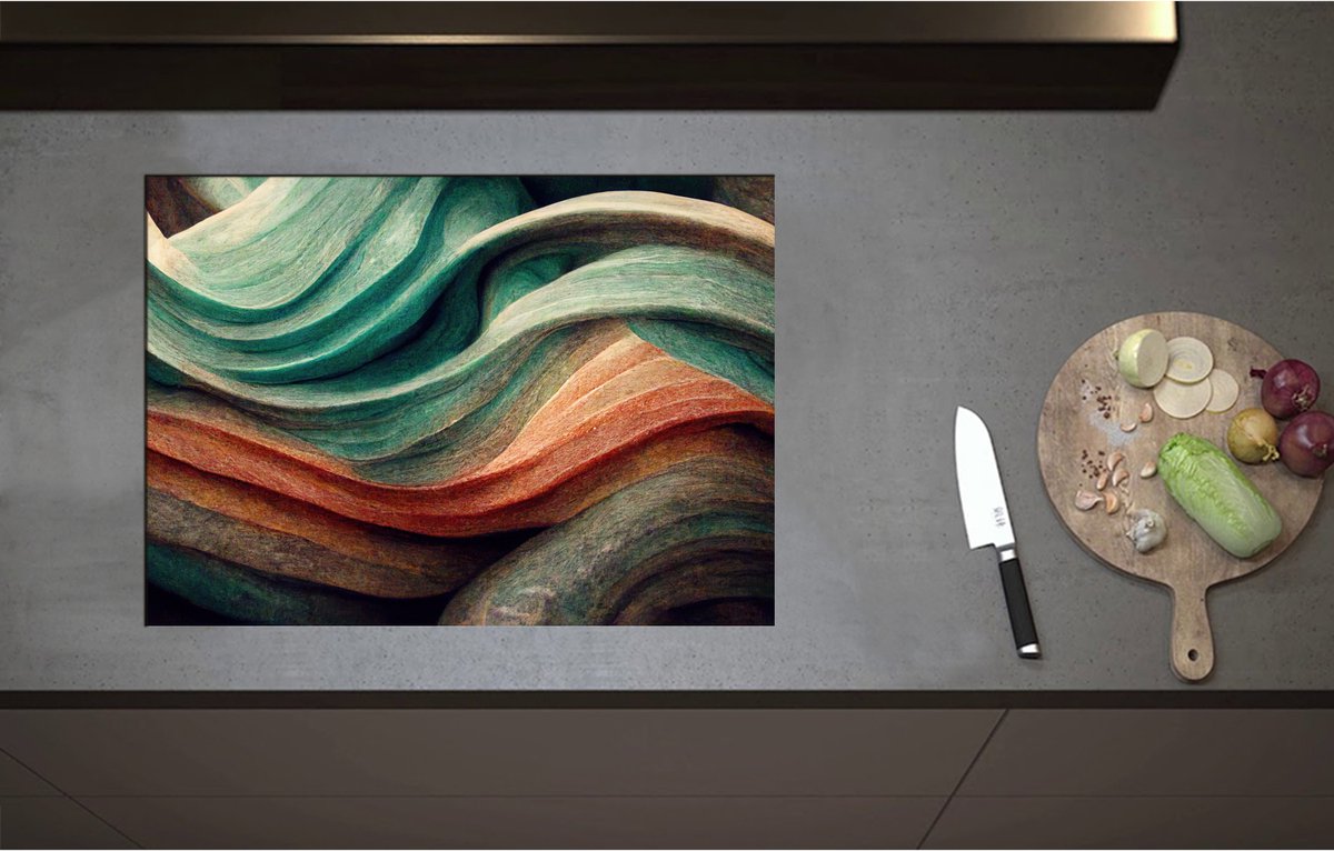 Inductieplaat Beschermer - Abstracte Golvende Vormen in Verschillende Kleuren - 71x51 cm - 2 mm Dik - Inductie Beschermer - Bescherming Inductiekookplaat - Kookplaat Beschermer van Zwart Vinyl