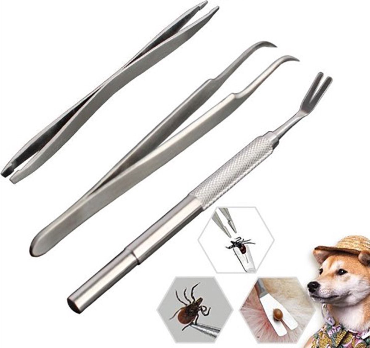 Goedkoopste Verwijderaar - Set voor Honden, Katten, Paarden RVS Tekentangen, Pincet & Meer - Survival Bossen - van Heble®