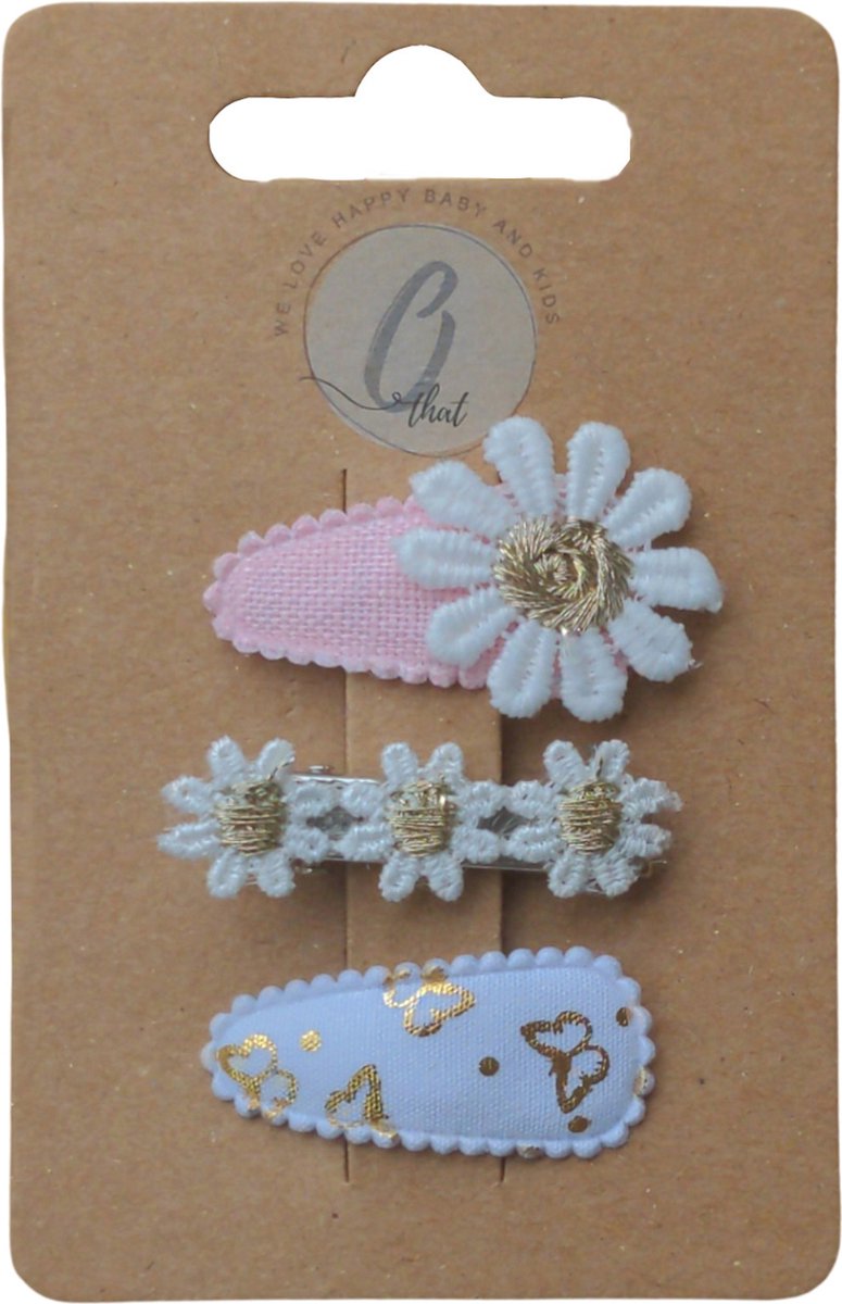 Ootje kadootje Linnen Haarclip - Margrietjes Wit / Vlinder Met Gouden Accent - 3 Stuks