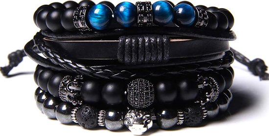 Bracelet Malinsi Homme et Femme - Panther Onyx et cuir Set de 4 - Bracelet Homme et Femme