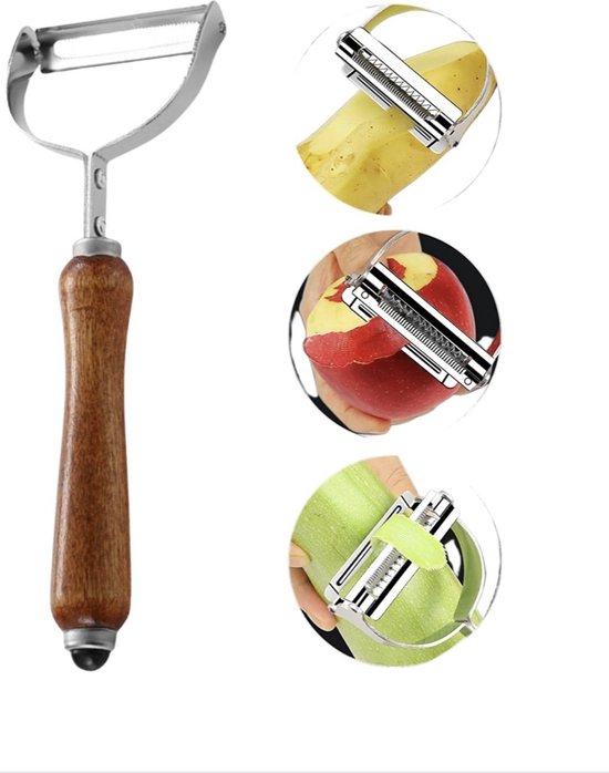 WSM 2-in-1 juliennesnijder van roestvrij staal, groenteschiller en fruitschiller, dubbel lemmet voor het schillen en snijden in reepjes voor groenten en pasta 2 katoenen opbergzakken