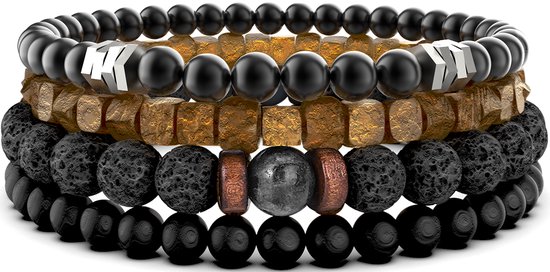 Malinsi Armband Heren en Dames - Onyx en Lava Stone Natuursteen Set van 4 Wood - Mannen en Vrouwen Kralen Armbandje - Vaderdag Cadeau