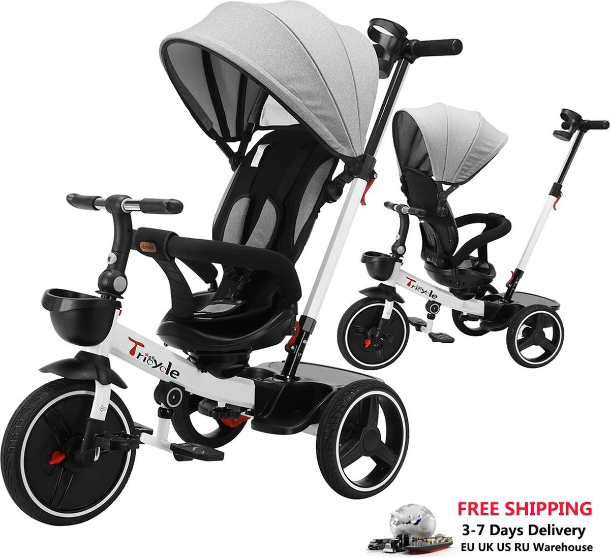 Merkloos X-Qlusive Ubravoo Kinderwagen Driewieler Fiets -360 Graden Rotatie Zitten En Liggen 1-5 Jaar Grijs Wit Zwart