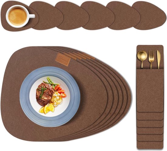 Foto: Placemats afwasbaar set van 18 afwasbaar rond hittebestendig antislip met onderzetter bestekzakken voor keuken eettafel donkerbruin