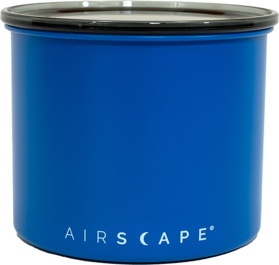 Mat blauwe Airscape voorraadpot met een glazen deksel.