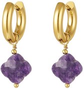 Joy Ibiza - boucles d'oreilles trèfle - boucles d'oreilles 18 mm - améthyste violette - charnière pliante - ear party boho - style bohème - acier inoxydable - plaqué or ip/pvd