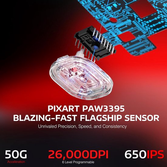 Bovenaanzicht van een computer muis sensor met de tekst 'PIXART PAW3395 BLAZING-FAST FLAGSHIP SENSOR'.