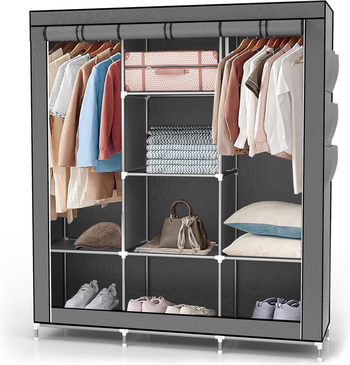 Intirilife opvouwbare garderobekast 130x175x45 cm in ASH GREY - Vouwkast met ritssluiting Stoffen garderobekast Garderobekast met kledingroede, vakken en zijvak - campinggarderobekast stoffen garderobekast