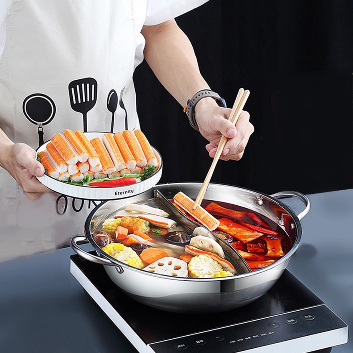 Marmite à Fondue Chinoise Hot Pot Double Saveurs En Acier Inox - 31 Cm, Compatible Induction Et Gaz - Pour Repas Conviviaux