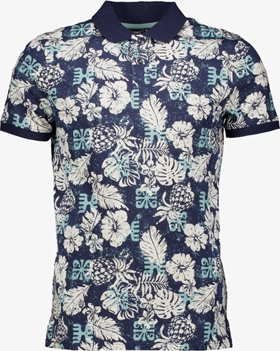 Unsigned heren polo met botanische print blauw - Maat XL