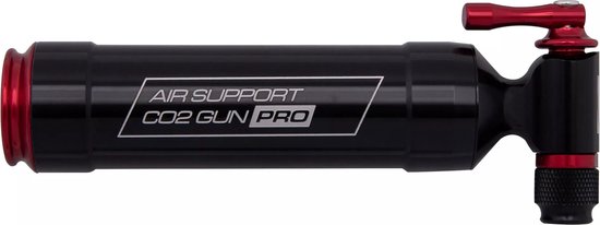 Zwarte CO2-fietspomp met tekst 'AIR SUPPORT CO2 GUN PRO' en rode accenten