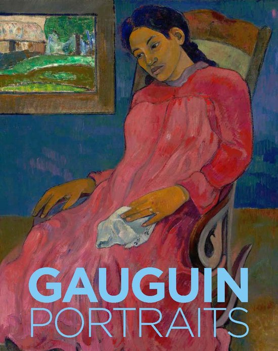 Een vrouw in een roze jurk zit in een stoel, met tekst 'GAUGUIN PORTRAITS' op de voorgrond.