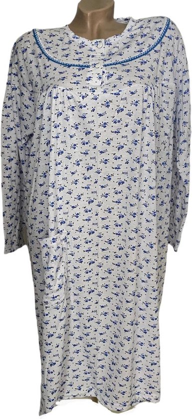 Dames katoenen nachthemd lange mouw met bloemenprint 2804 L wit/blauw