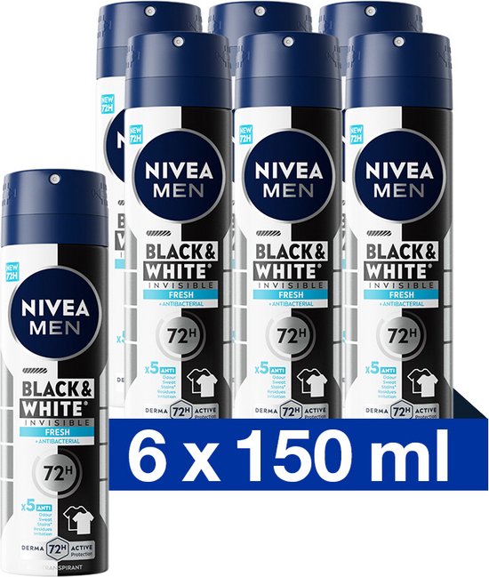 Foto: Nivea men invisible for black white fresh anti transpirant spray tegen witte en gele vlekken 72 uur bescherming frisse geur alcoholvrij 6 x 150 ml