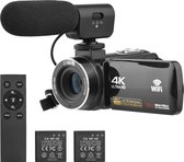 Caméra Vlog - 4K Ultra HD - Caméra - Enregistreur vidéo, enregistreur de came, 2 en 1 avec microphone - Incl. 2 Piles - Télécommande - Connexion WIFI - APP et Caméra - Zoom 18x avec Vision Nocturne