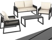 tectake® - Rope design loungeset meubelset voor tuin of balkon, zitgroep buiten, terrasmeubilair met 2x fauteuils, 1x bank, 1x tafel in houtlook, inclusief kussens, weerbestendig
