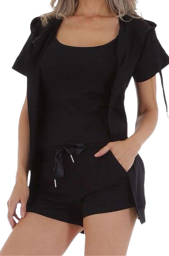 Dilena fashion korte broek top vest 3 delig set katoen cotton zwart