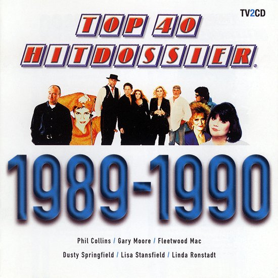 Voorzijde van Top 40 Hitdossier 1989-1990 met een groep artiesten en de titel.